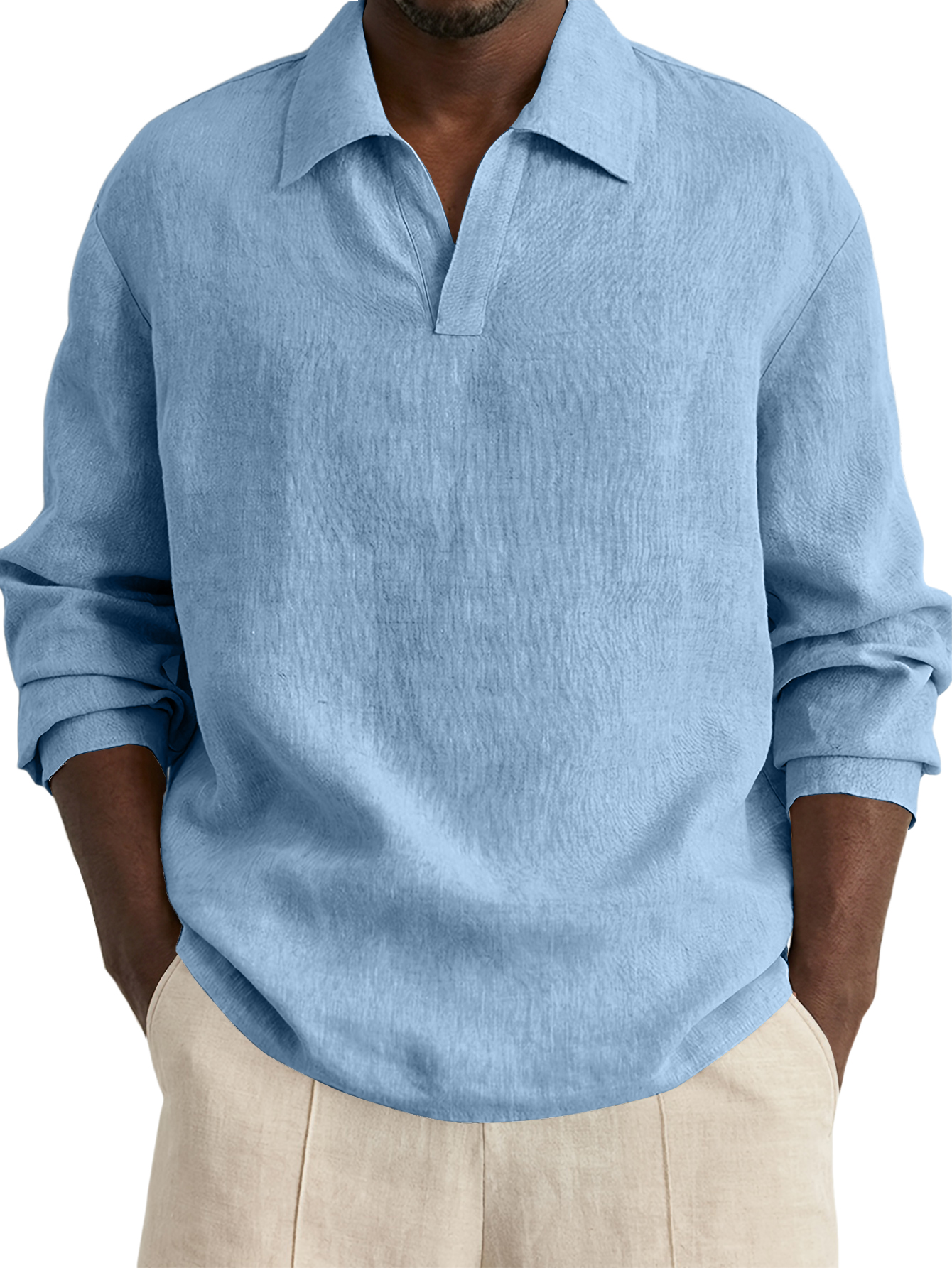 Men's Casual Simple Cotton Linen V-Neck Long-Sleeve Shirt
