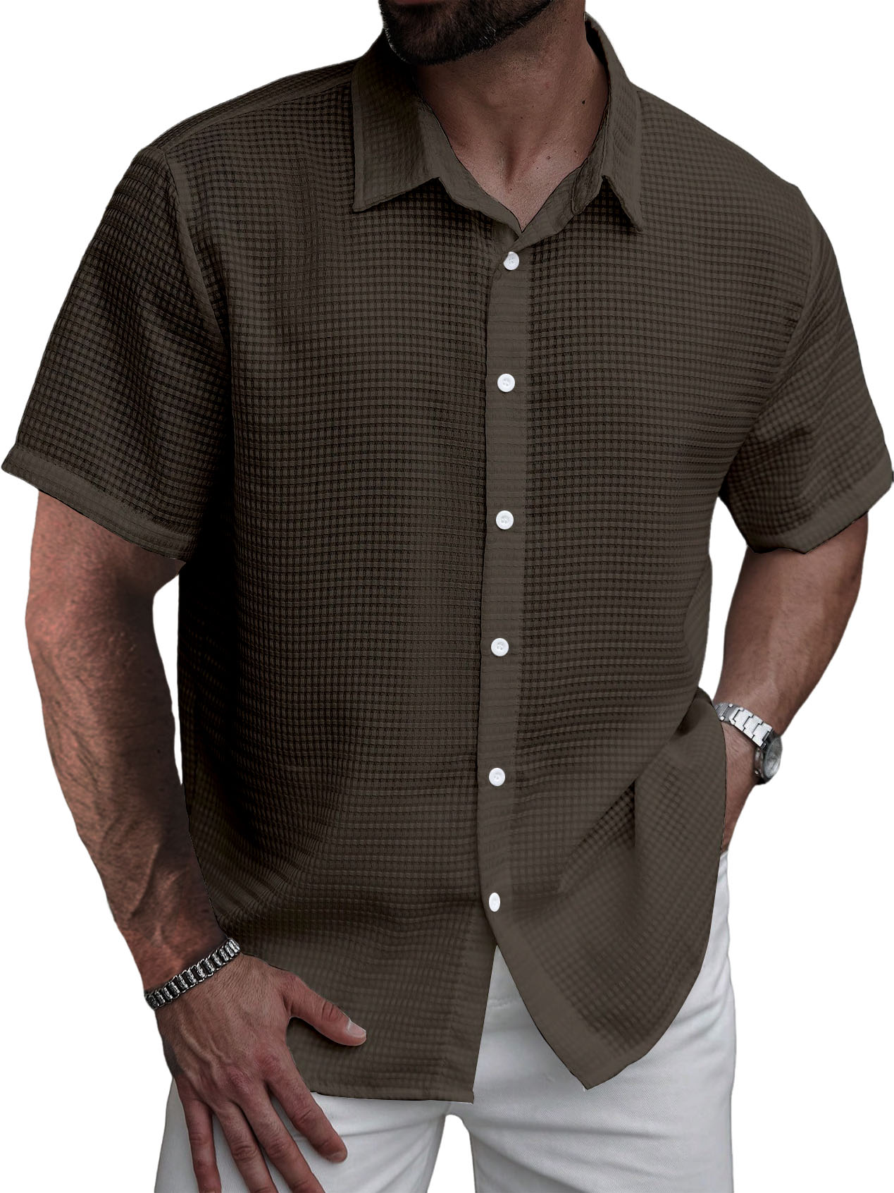 Men's Stylish Casual Waffle Fabric Short-sleeved Shirt