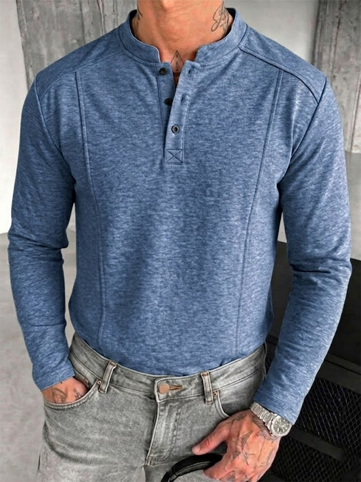 Men's Retro Textured Deconstructed Long-Sleeve Pullover Henley Shirt