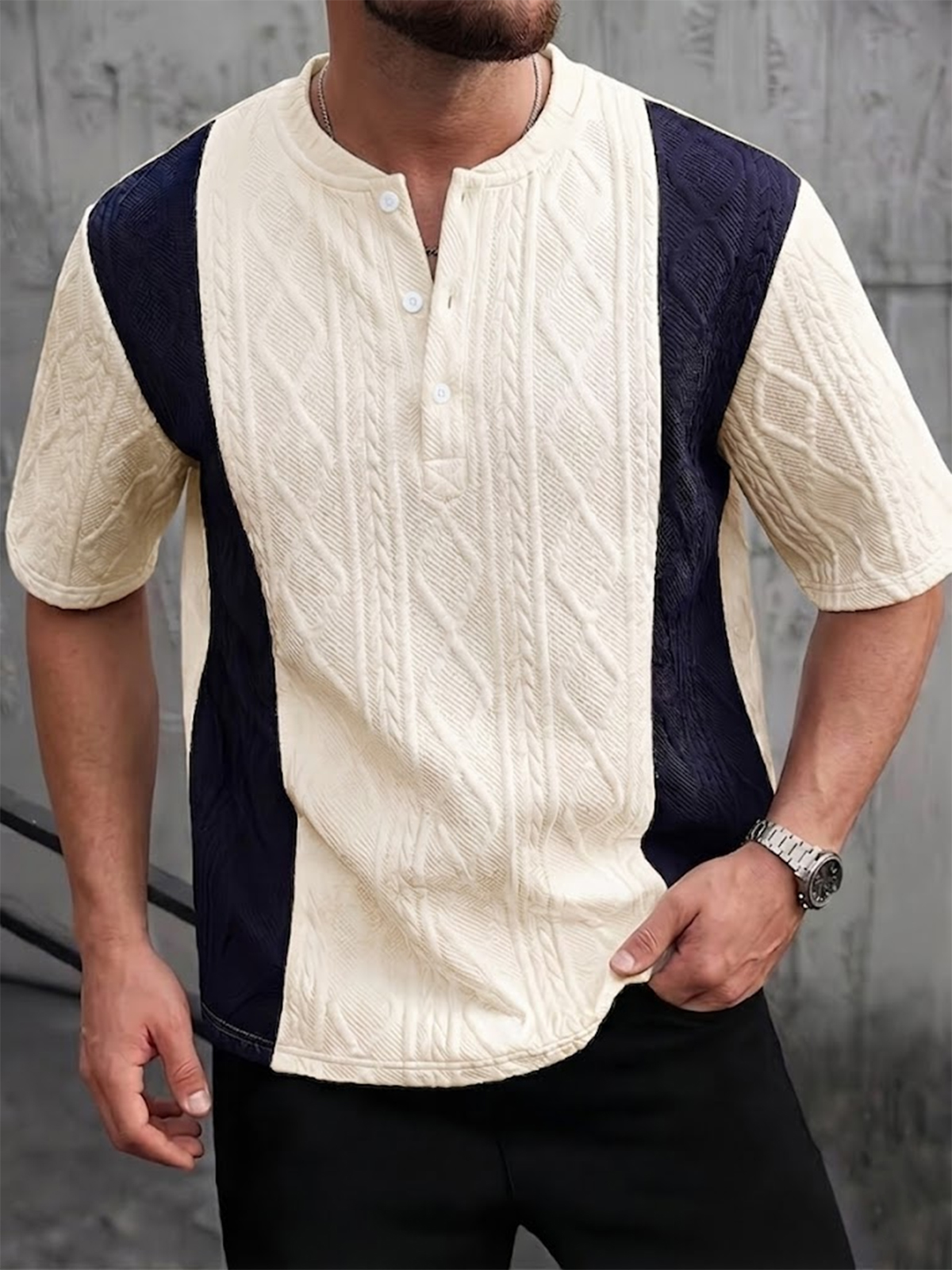 Men's Color-blocked Jacquard Textured Pullover Henley