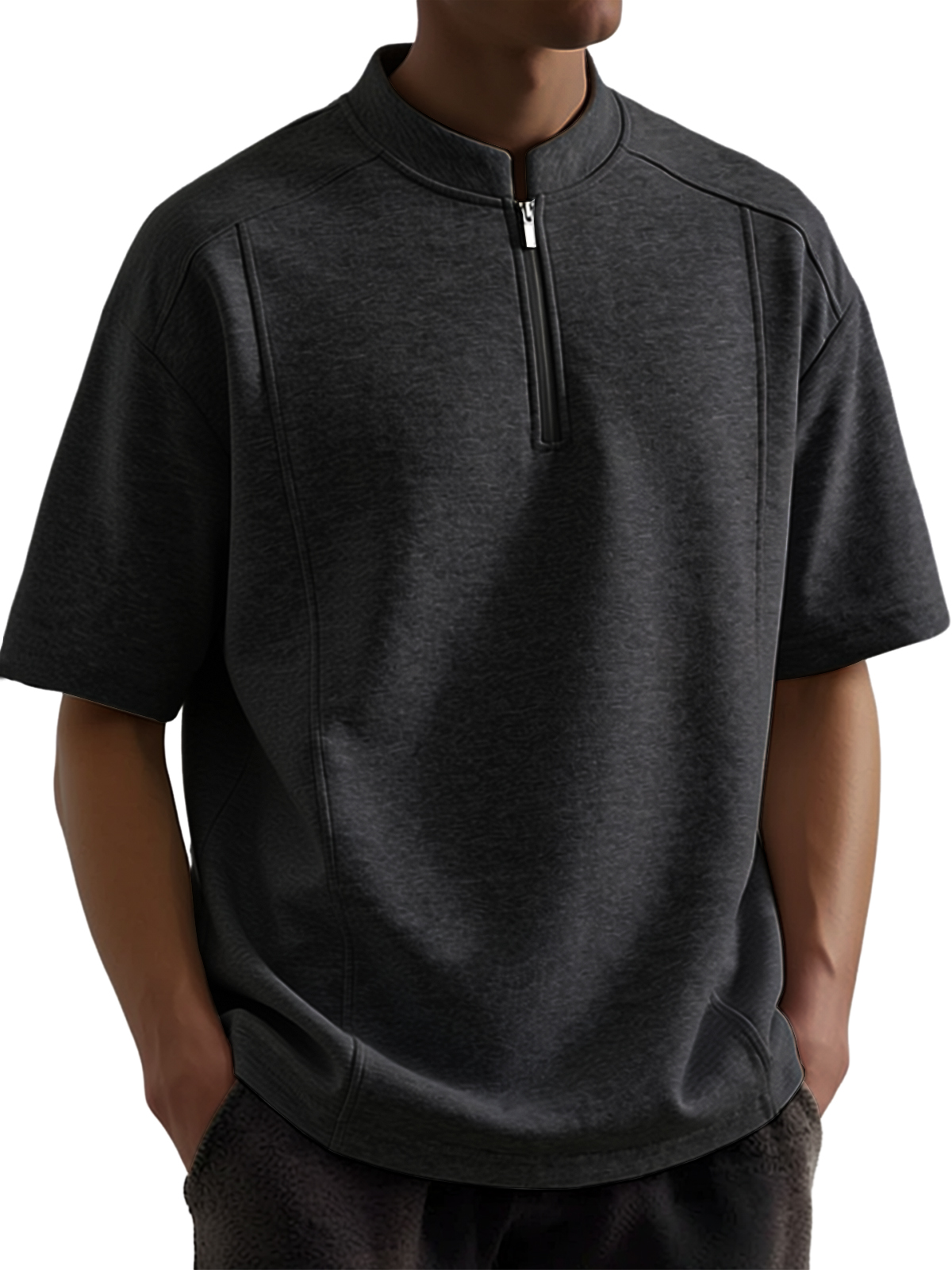 Men's Everyday Casual Deconstructed Design Quarter Zipper Short-Sleeve Henley Shirt