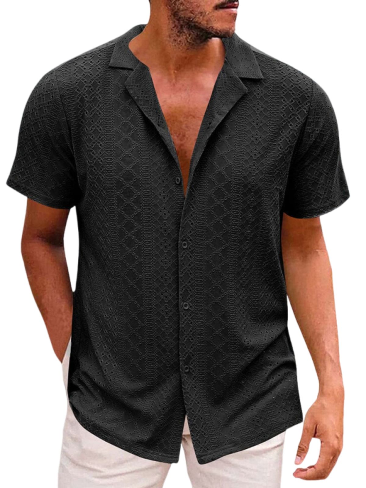 Men's Jacquard Cuban Collar Short-sleeved Shirt