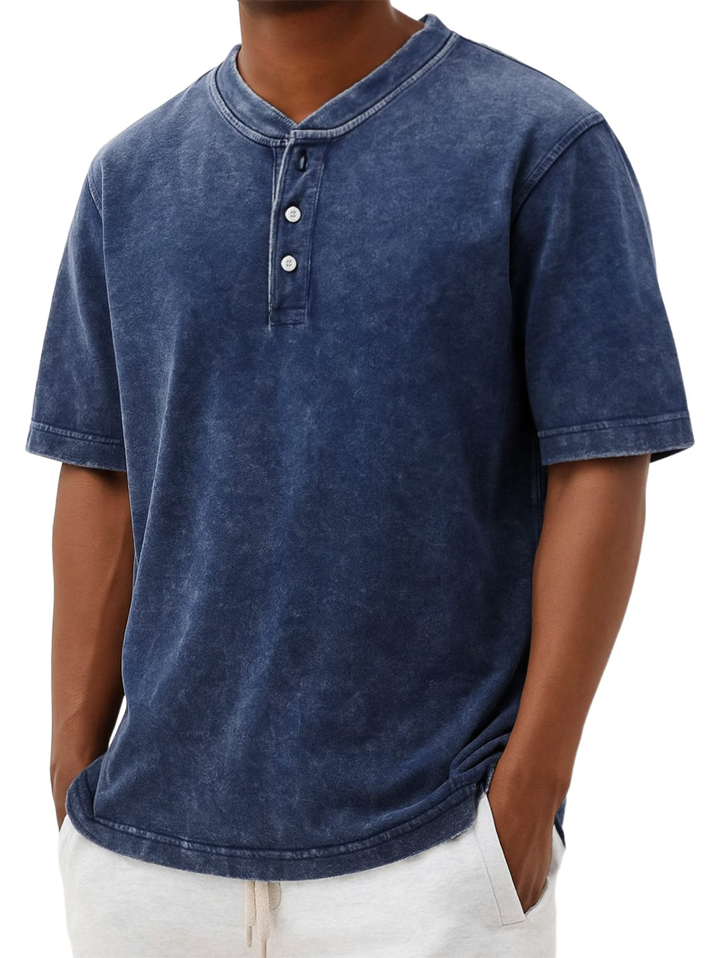 Men's Henry Collar Washed And Distressed Retro Casual Top