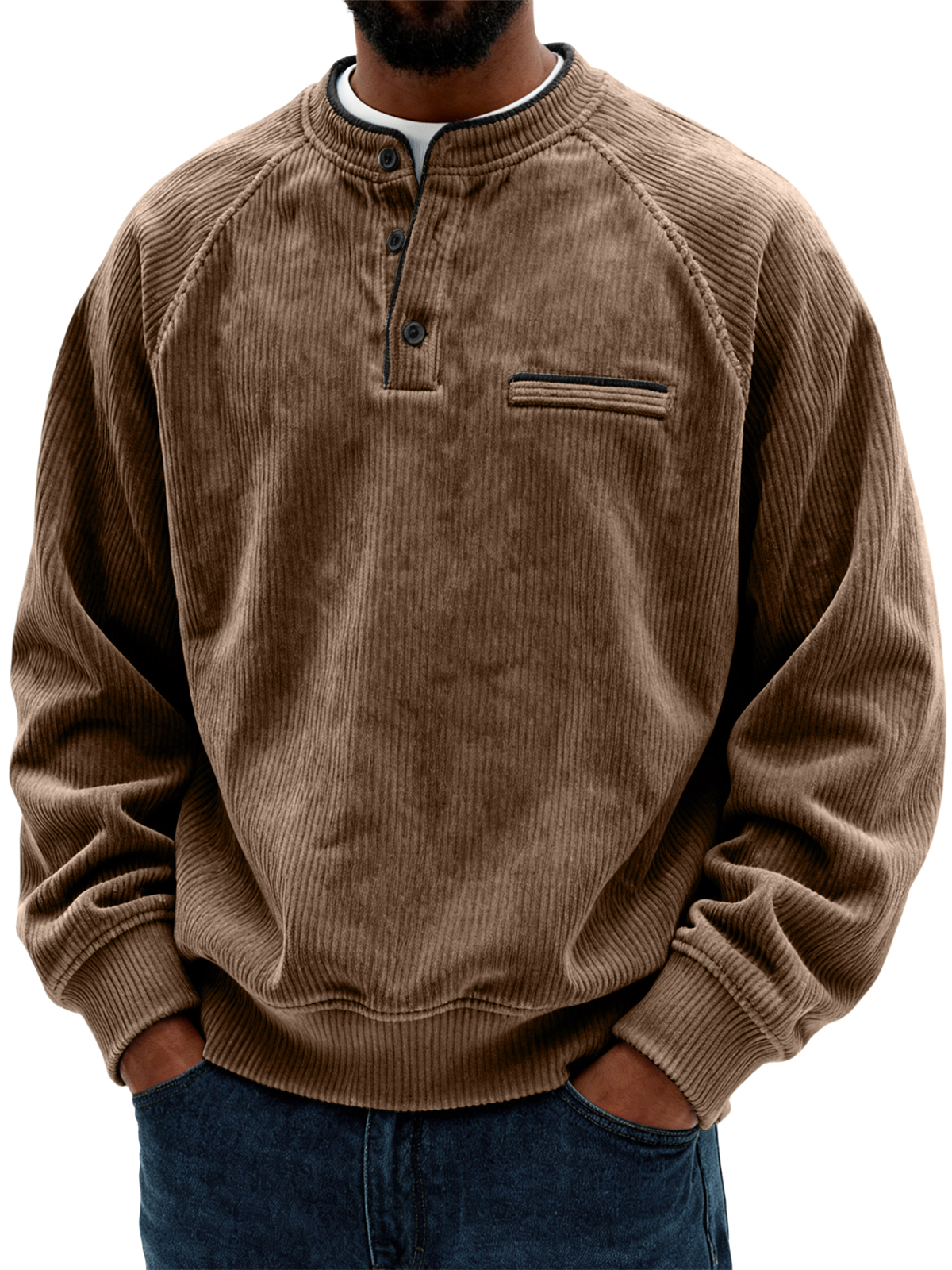 Men's Retro Fashion Corduroy Contrast Pocket Detail Long-Sleeve Sweatshirt