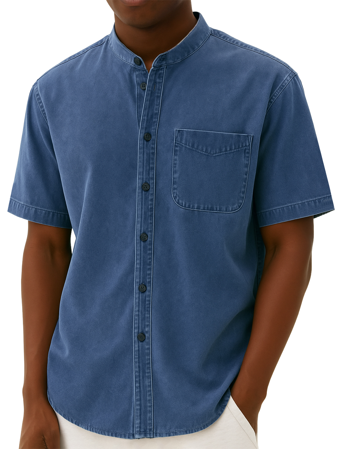 Men's Stylish Retro Distressed Pocket Work Short-sleeved Shirt With Stand-up Collar
