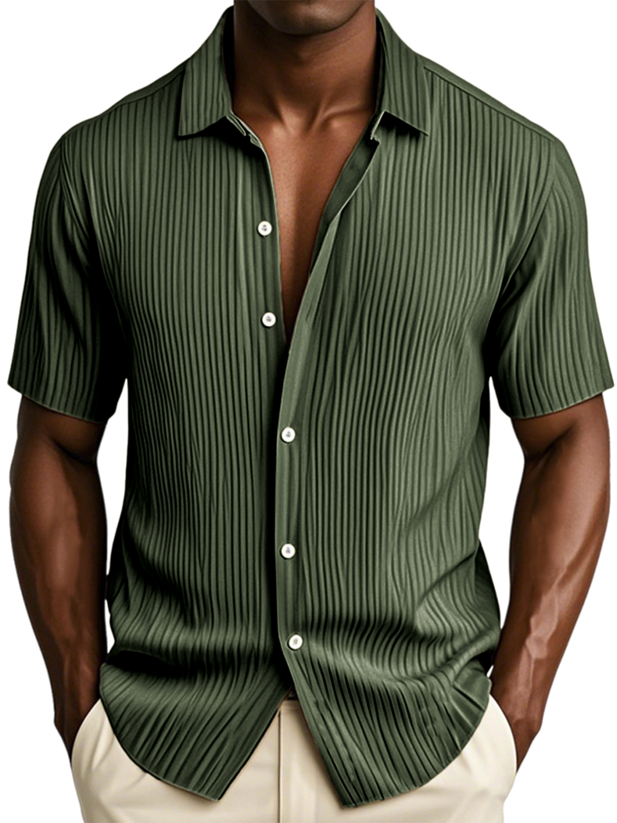Men's Textured Vertical Striped Ice Silk Ripped Casual Button-down Short-sleeved Shirt
