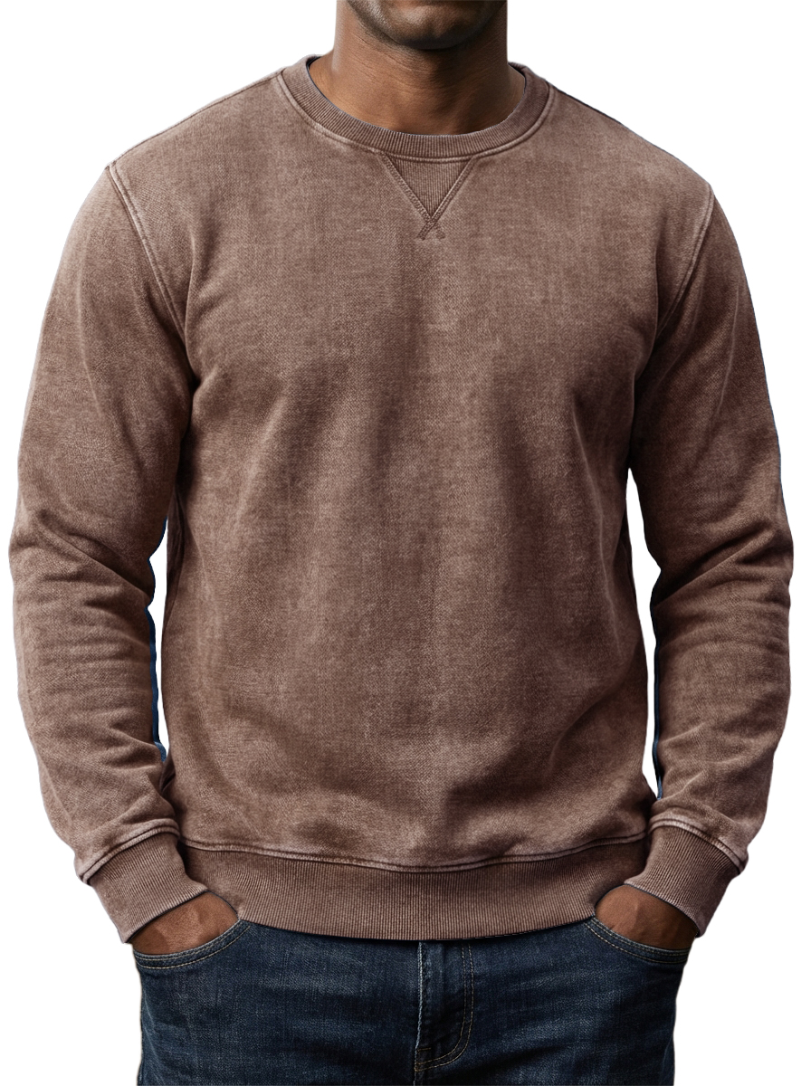 Men's Washed and Distressed Cotton Retro Crew Neck Long-Sleeve Sweatshirt