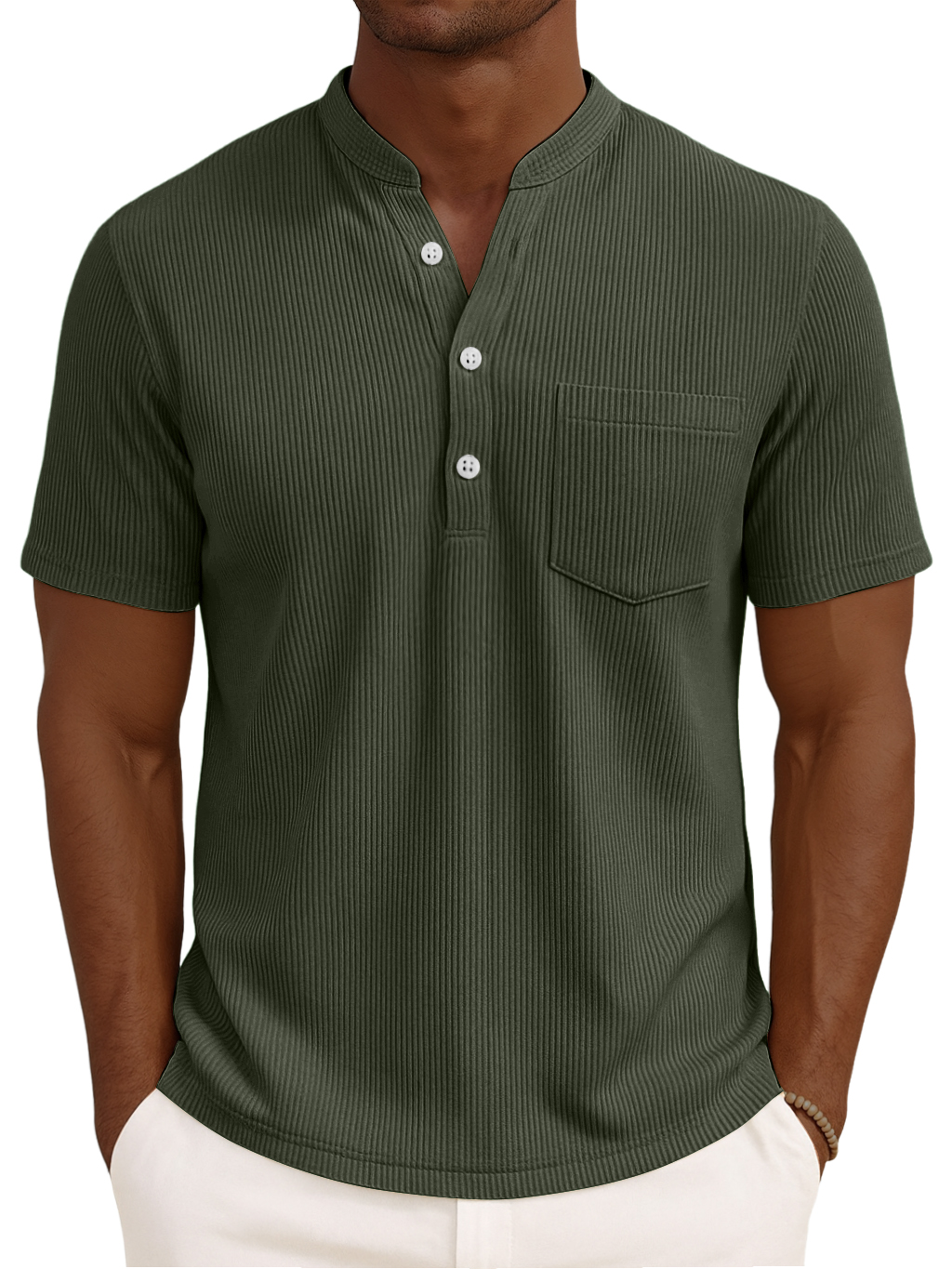 Men's Henley Collar Solid Color Loose And Comfortable Vertical Striped Pocket Short-sleeved Top