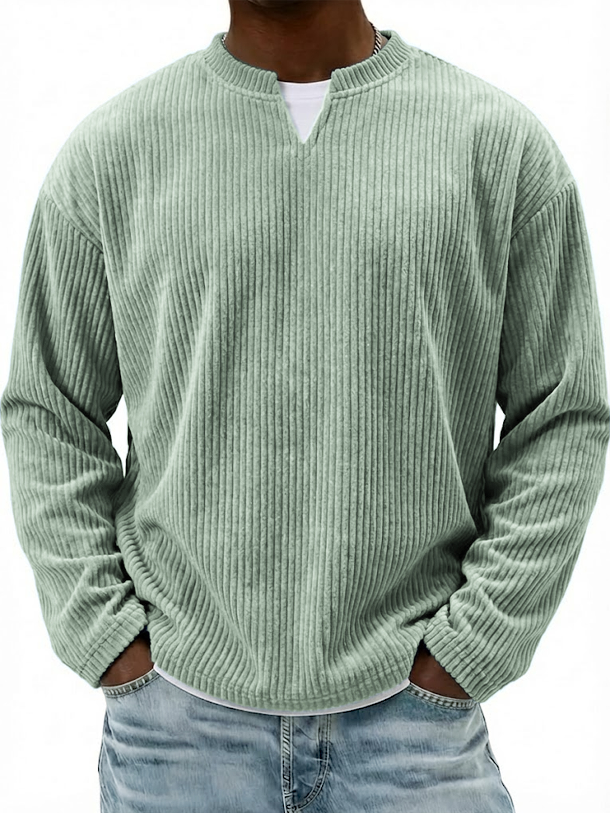 Corduroy V-neck Casual Long-sleeved T-shirt
