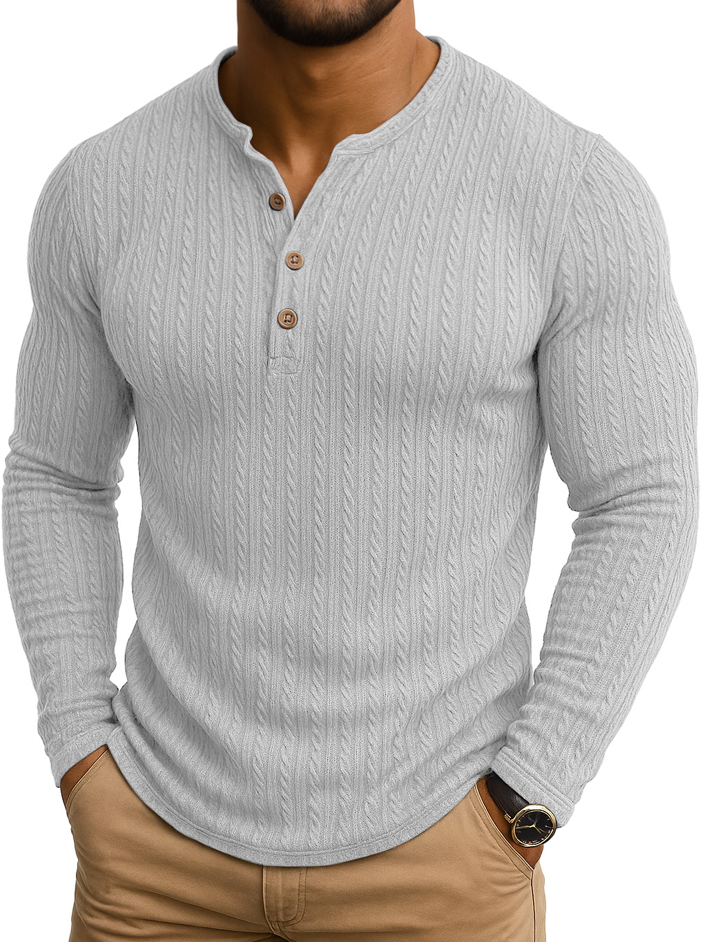 Vintage Striped Jacquard Henley Collar Long-sleeved T-shirt
