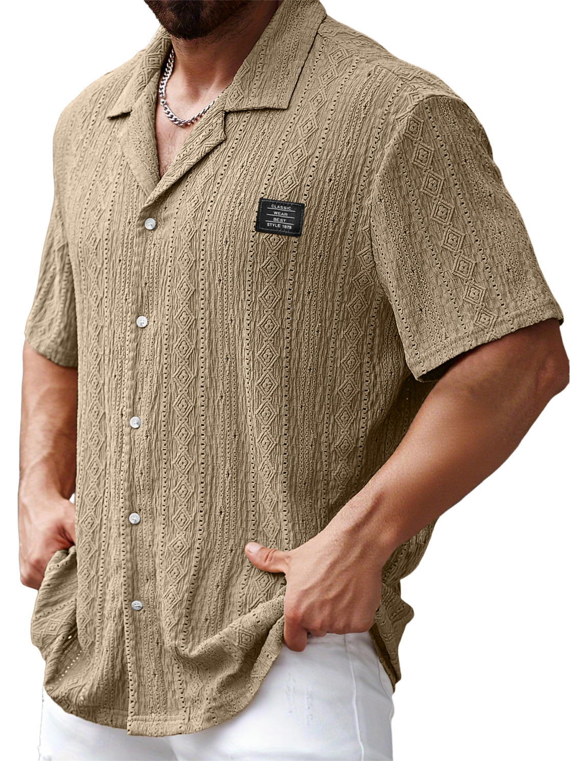 Men's Lapel Daily Jacquard Texture Embroidered Logo Casual And Comfortable Short-sleeved Shirt