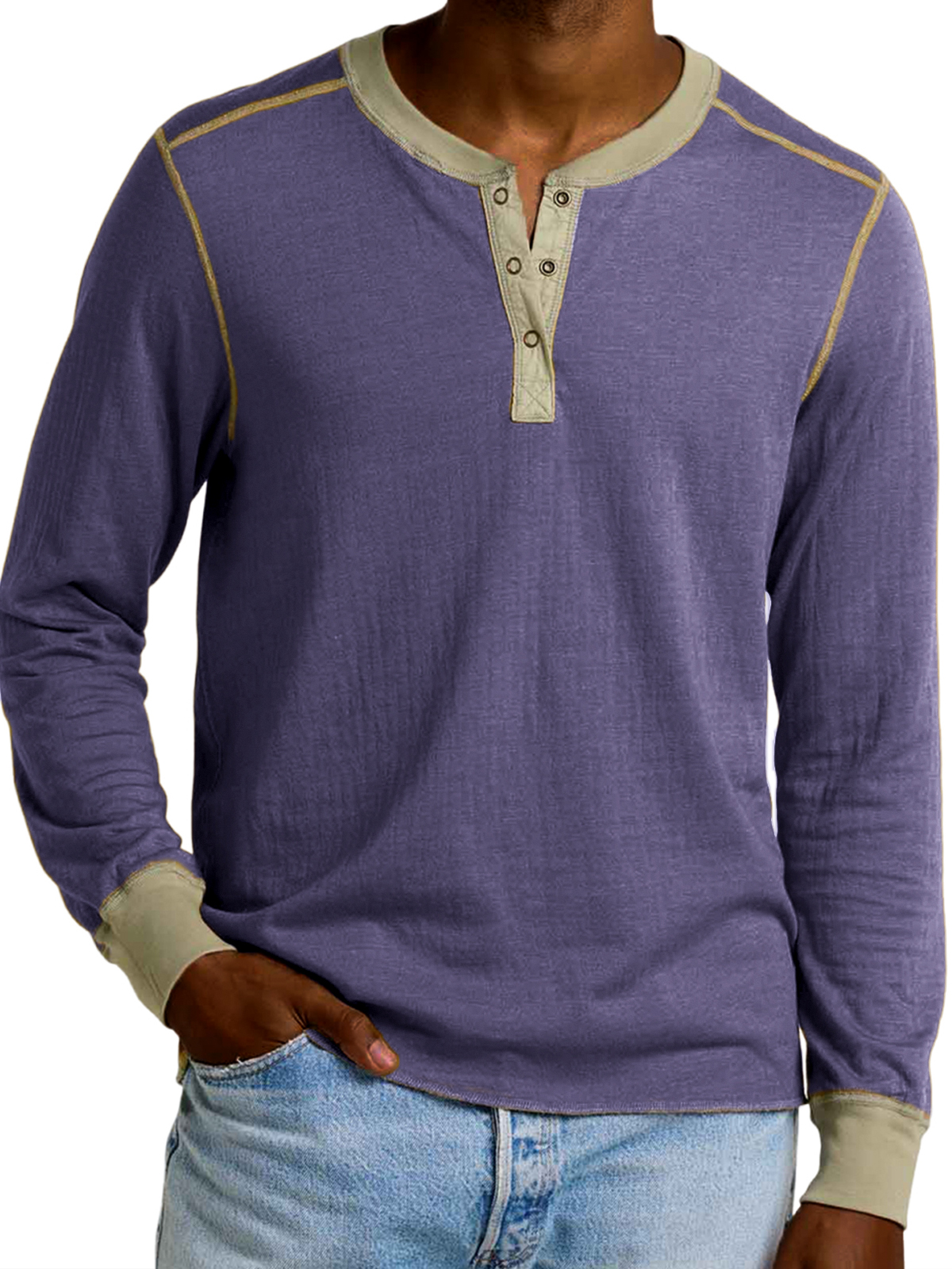 Men's Retro Contrast Long Sleeve Henley