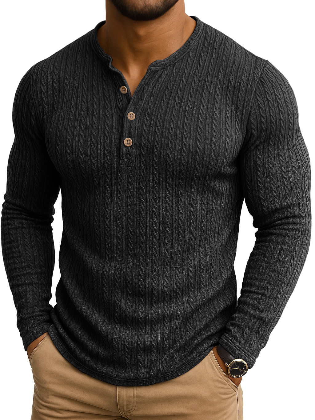 Vintage Striped Jacquard Henley Collar Long-sleeved T-shirt