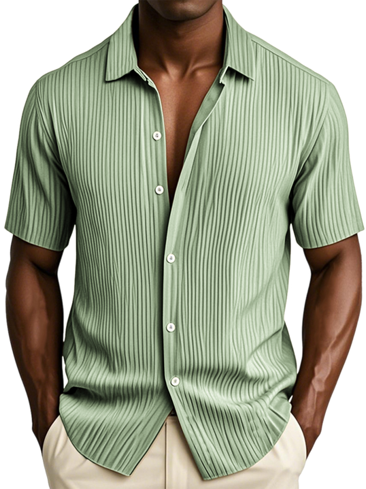 Men's Textured Vertical Striped Ice Silk Ripped Casual Button-down Short-sleeved Shirt