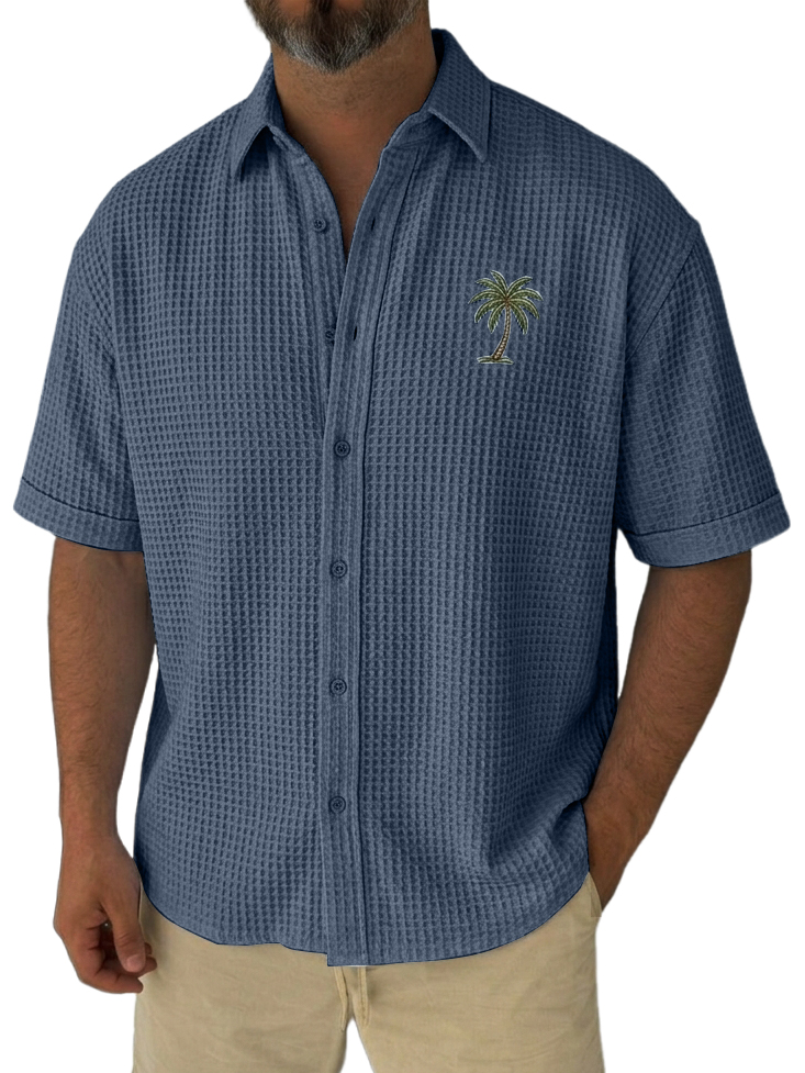 Men's Simple Casual Loose Fit Waffle-Knit Short Sleeve Shirt with Palm Tree Pattern