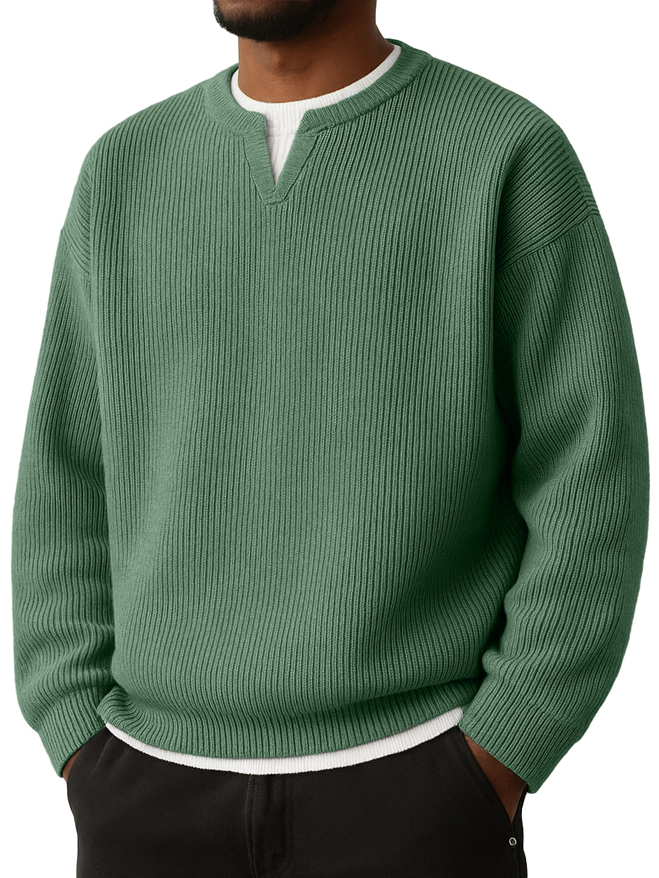 Men's Simple Striped Jacquard V-Neck Faux Two-Piece Casual Long-Sleeve T-Shirt