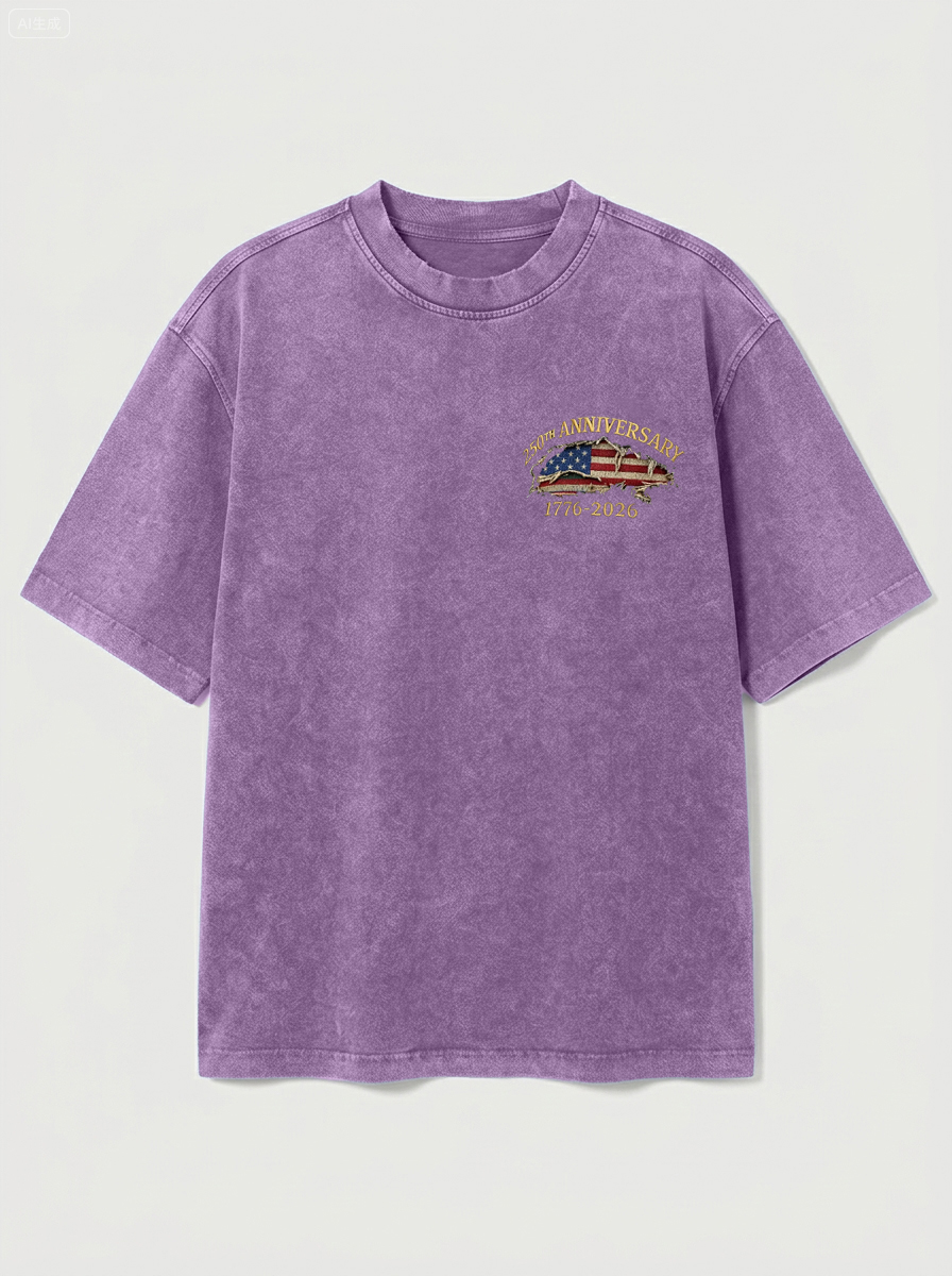 100% Cotton Vintage Washed & Distressed USA 250th Anniversary Crew Neck Short-Sleeve T-Shirt