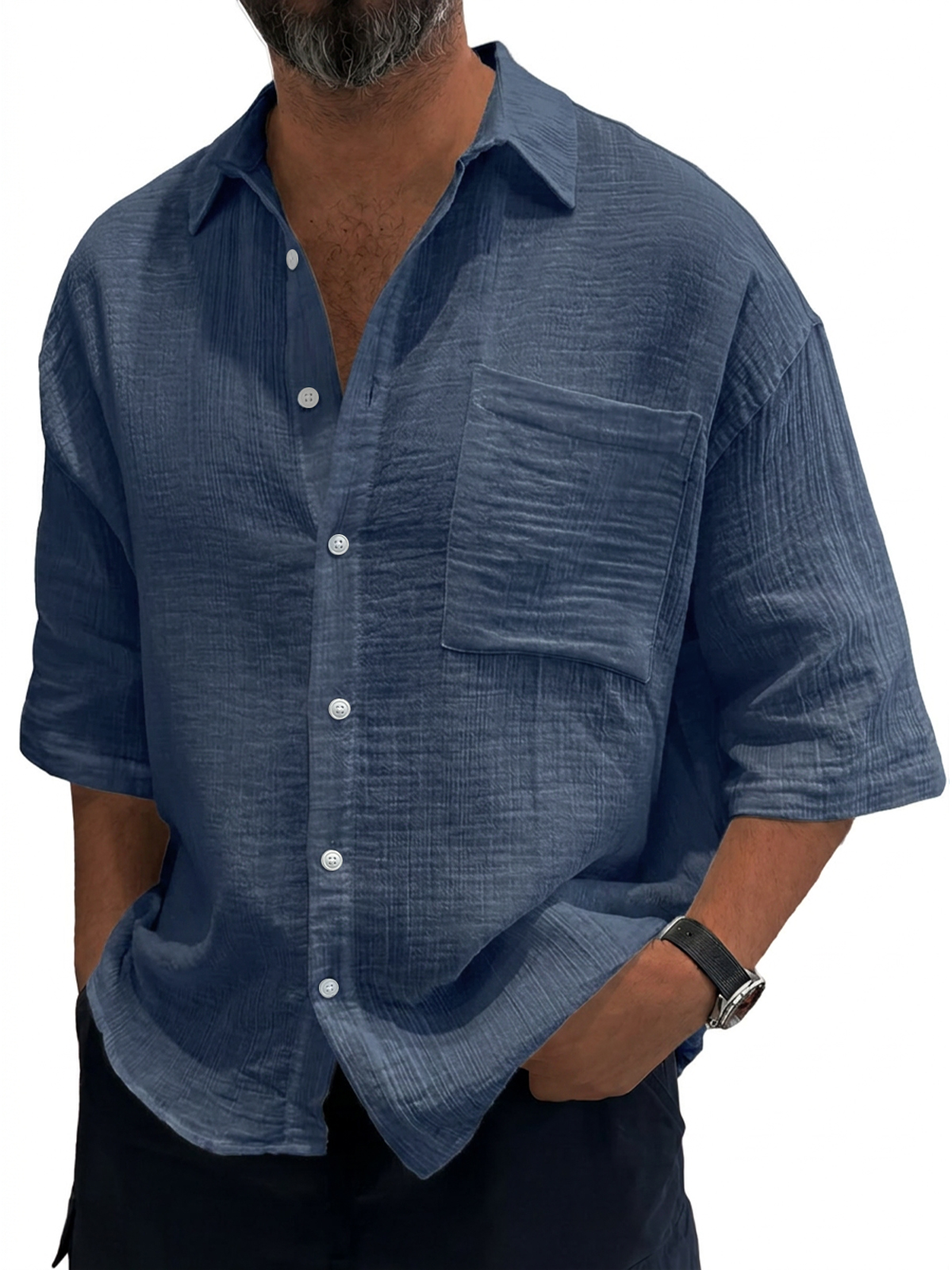 Men's Casual Loose Textured Striped Cool Short-Sleeve Shirt