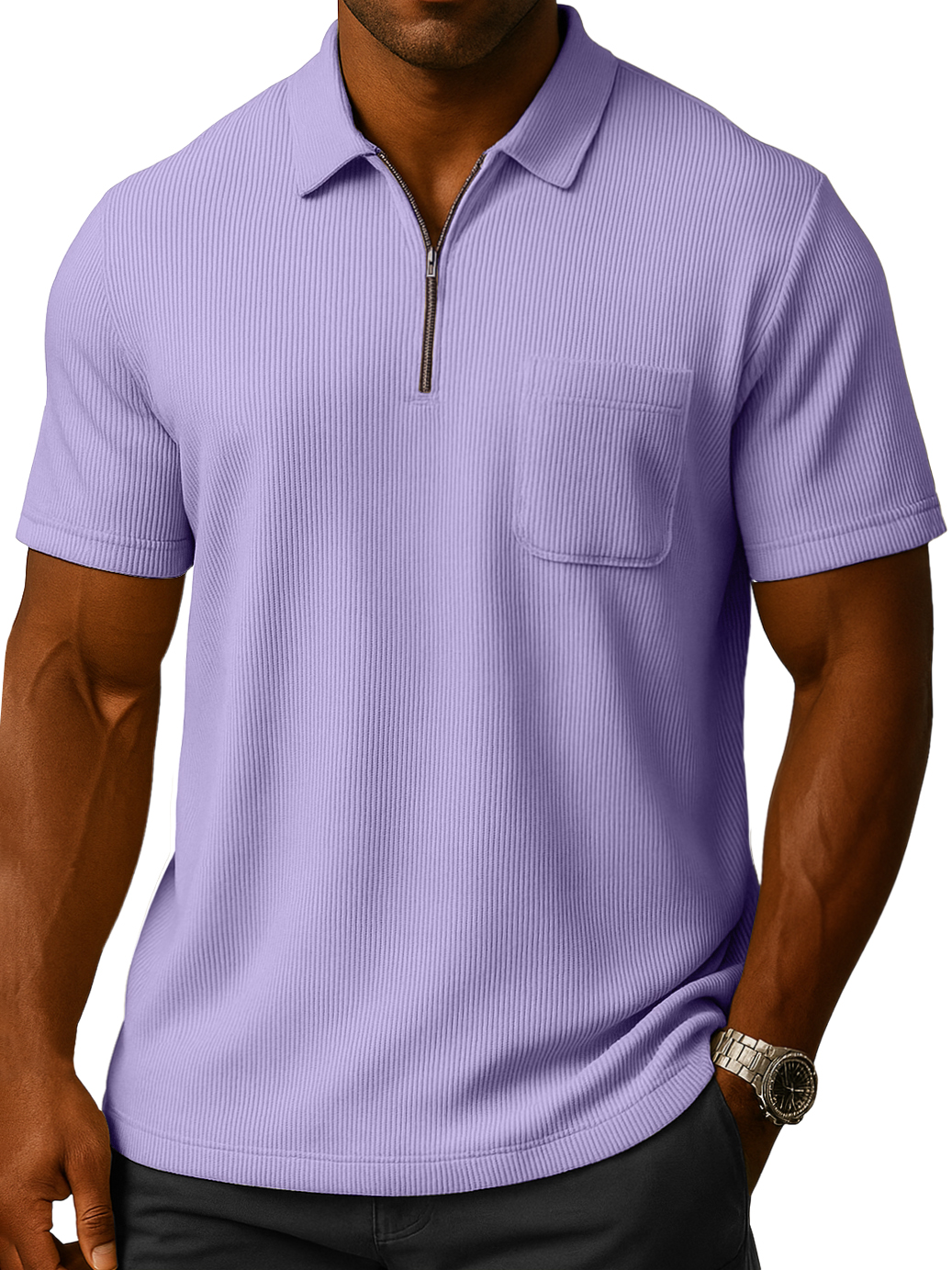 Men's Solid Color Loose And Comfortable Vertical Stripes Zipper Pocket Short-sleeved Polo Shirt