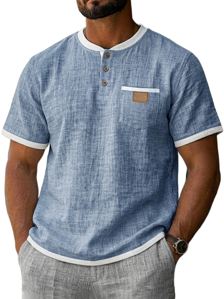 Men's Casual Breathable Linen Embroidered Logo Short-sleeved Henley Shirt