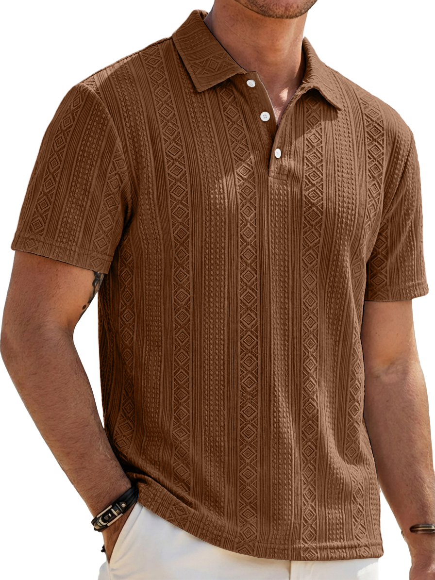 Men's Solid-Color Striped Jacquard Casual Short-Sleeve Polo Shirt