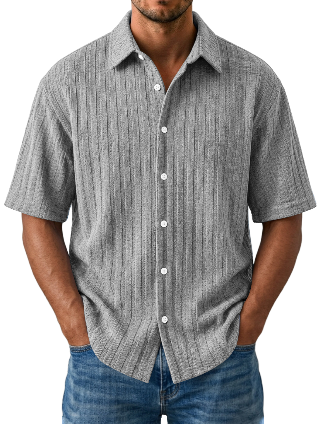 Men's Casual Striped Jacquard Short Sleeve Shirt