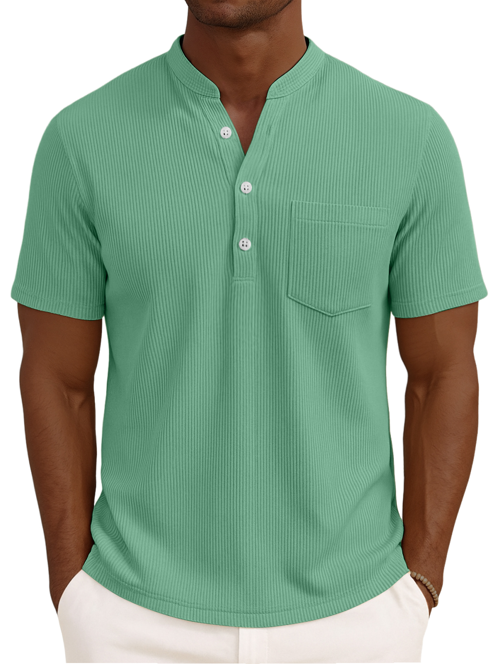 Men's Henley Collar Solid Color Loose And Comfortable Vertical Striped Pocket Short-sleeved Top