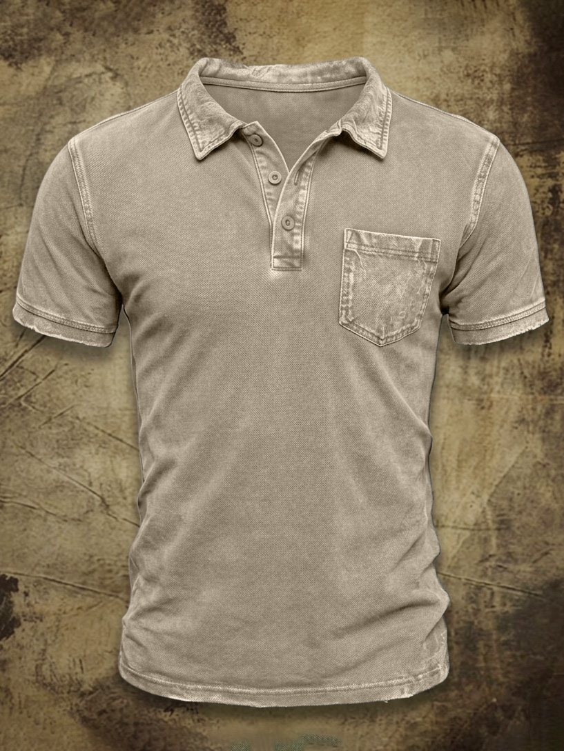 Men's Vintage Washed & Distressed Cotton Pocket Polo Shirt
