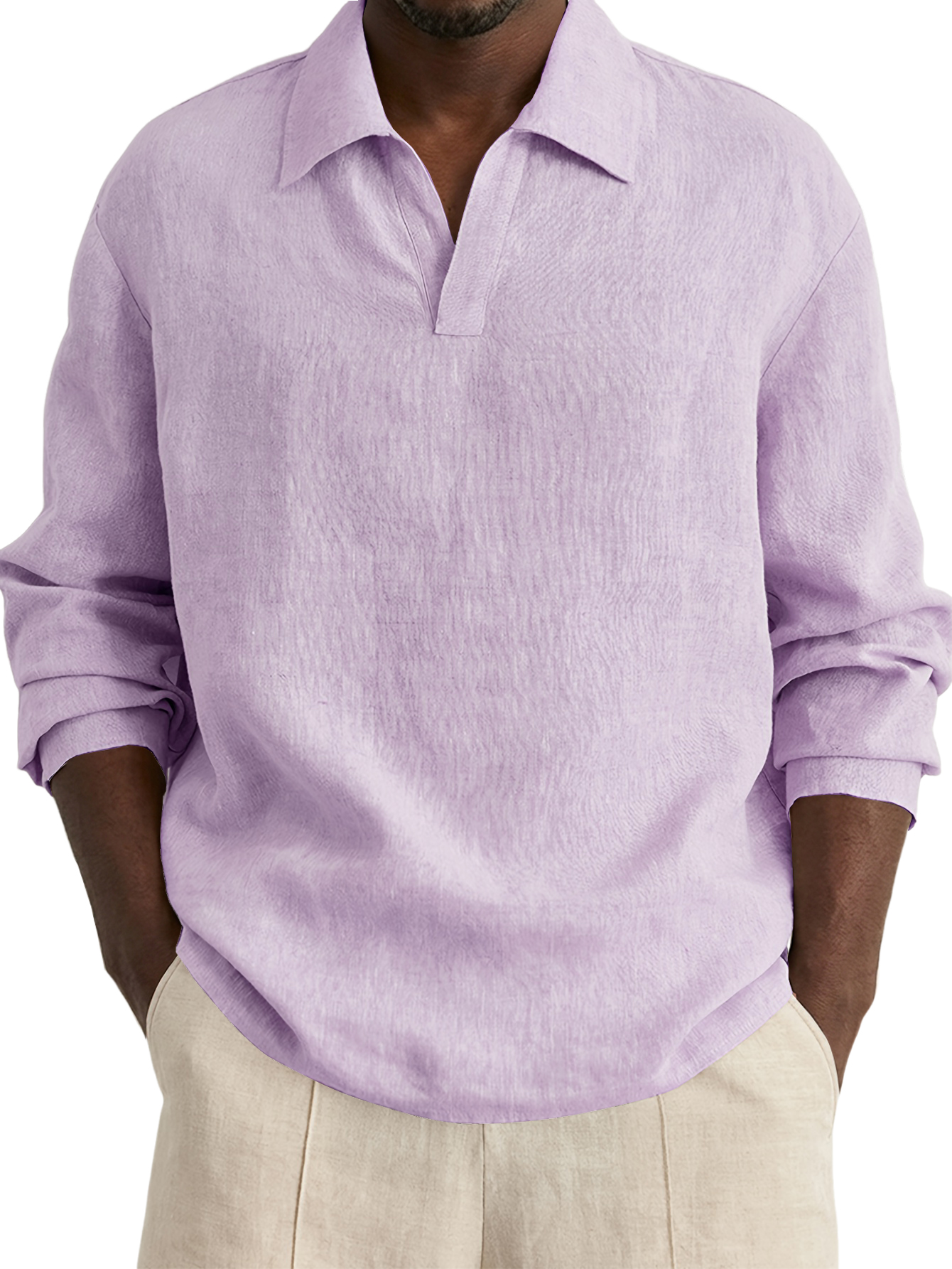 Men's Casual Simple Cotton Linen V-Neck Long-Sleeve Shirt
