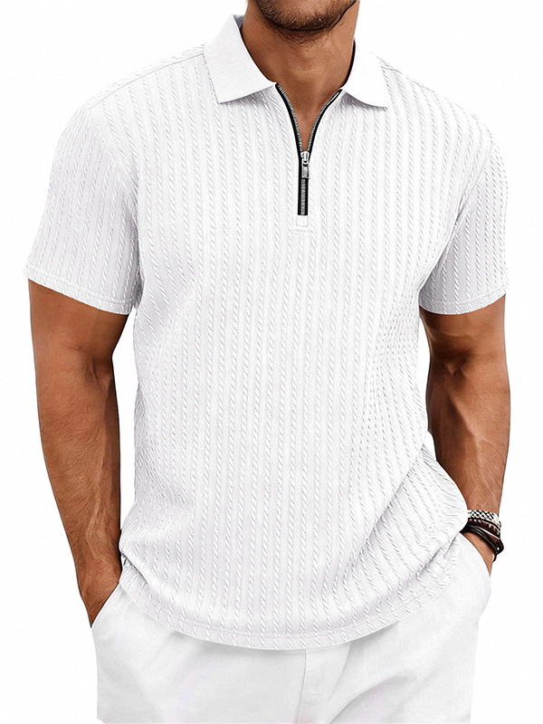 Men's Striped Jacquard Zip Up Short Sleeved  Polo Shirt