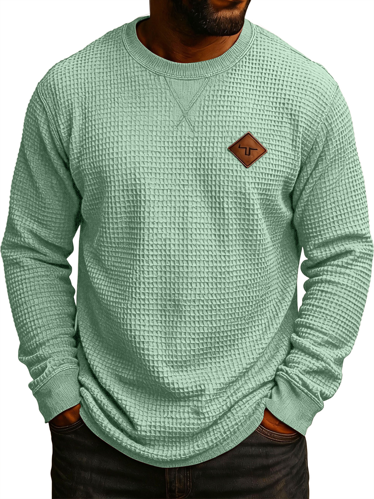 Men's Vintage Workwear Waffle Knit Embroidered Logo Crew Neck Long-Sleeve T-Shirt