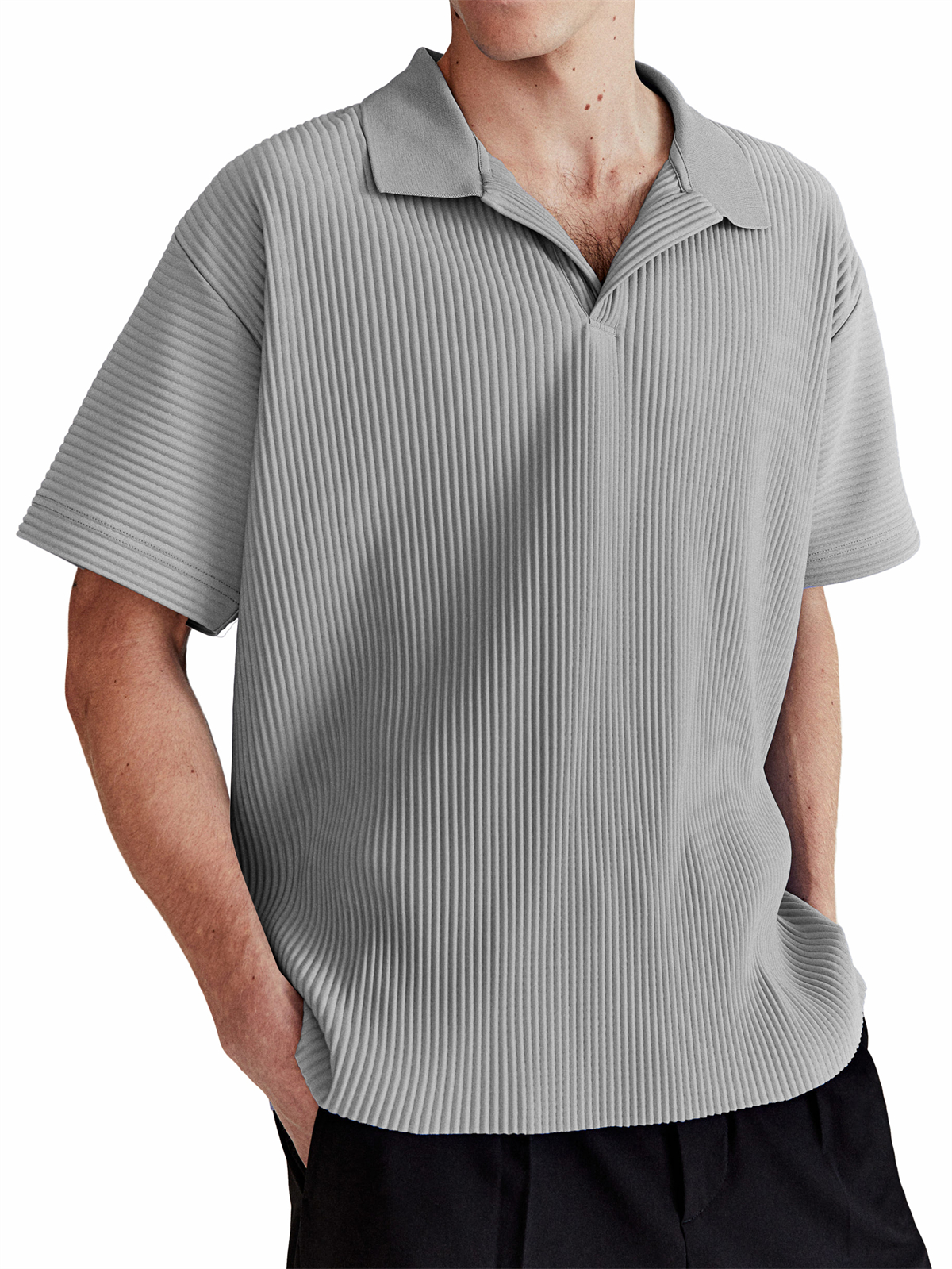 Men's Daily Casual Comfortable Vertical Striped Solid Color V-neck Short-sleeved Polo Shirt