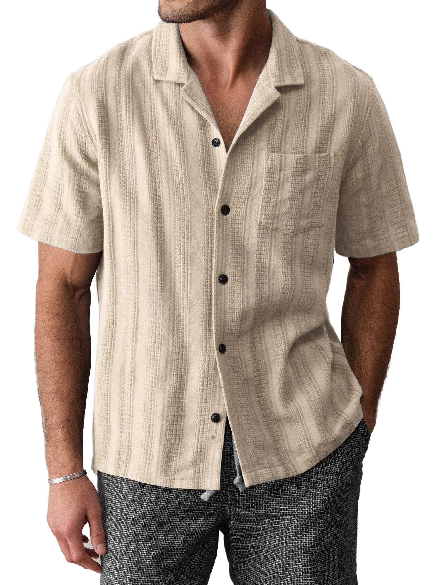 Men's Casual Breathable Comfortable Textured Jacquard Cuban Collar Shirt