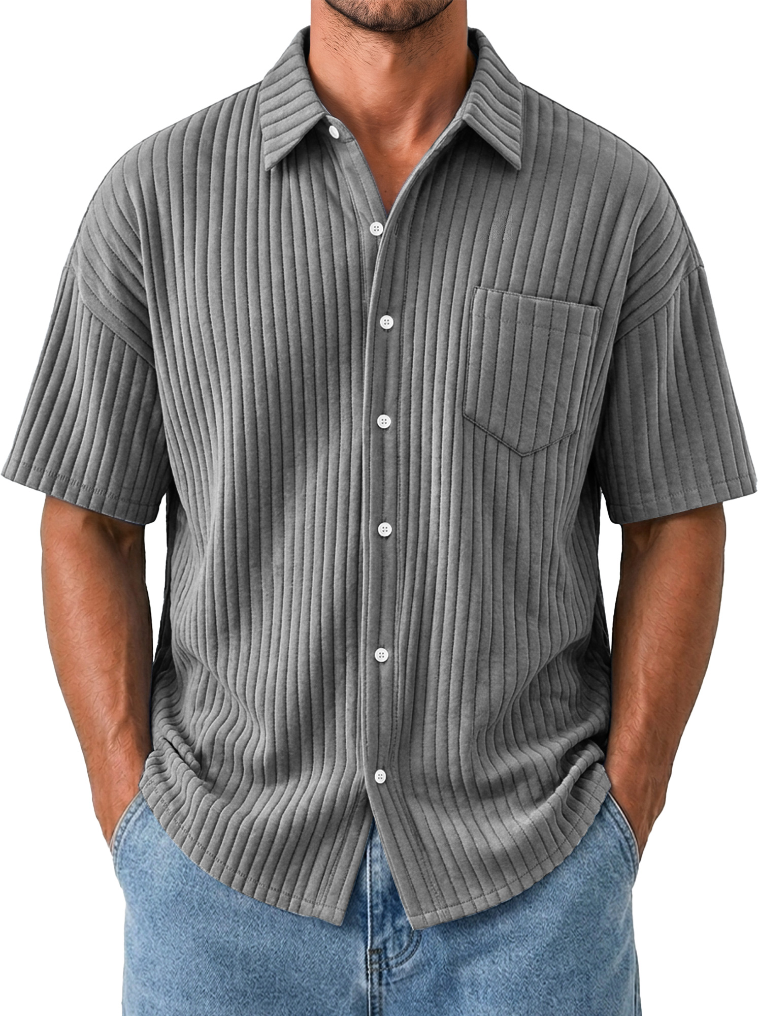 Men's Casual Solid-Color Short-Sleeve Shirt with Wide Ribbing