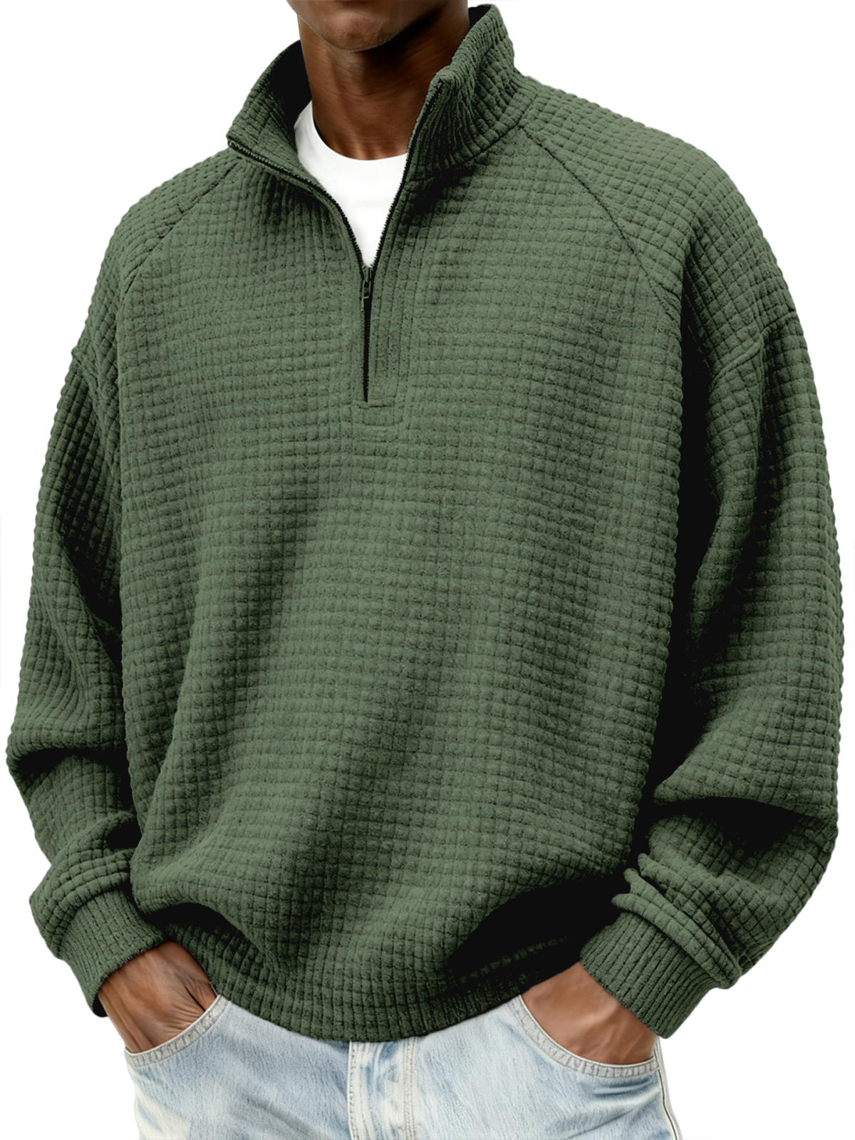 Men's Quarter-Zip Jacquard Quilted Small Squares Textured Raglan Polo Sweatshirt