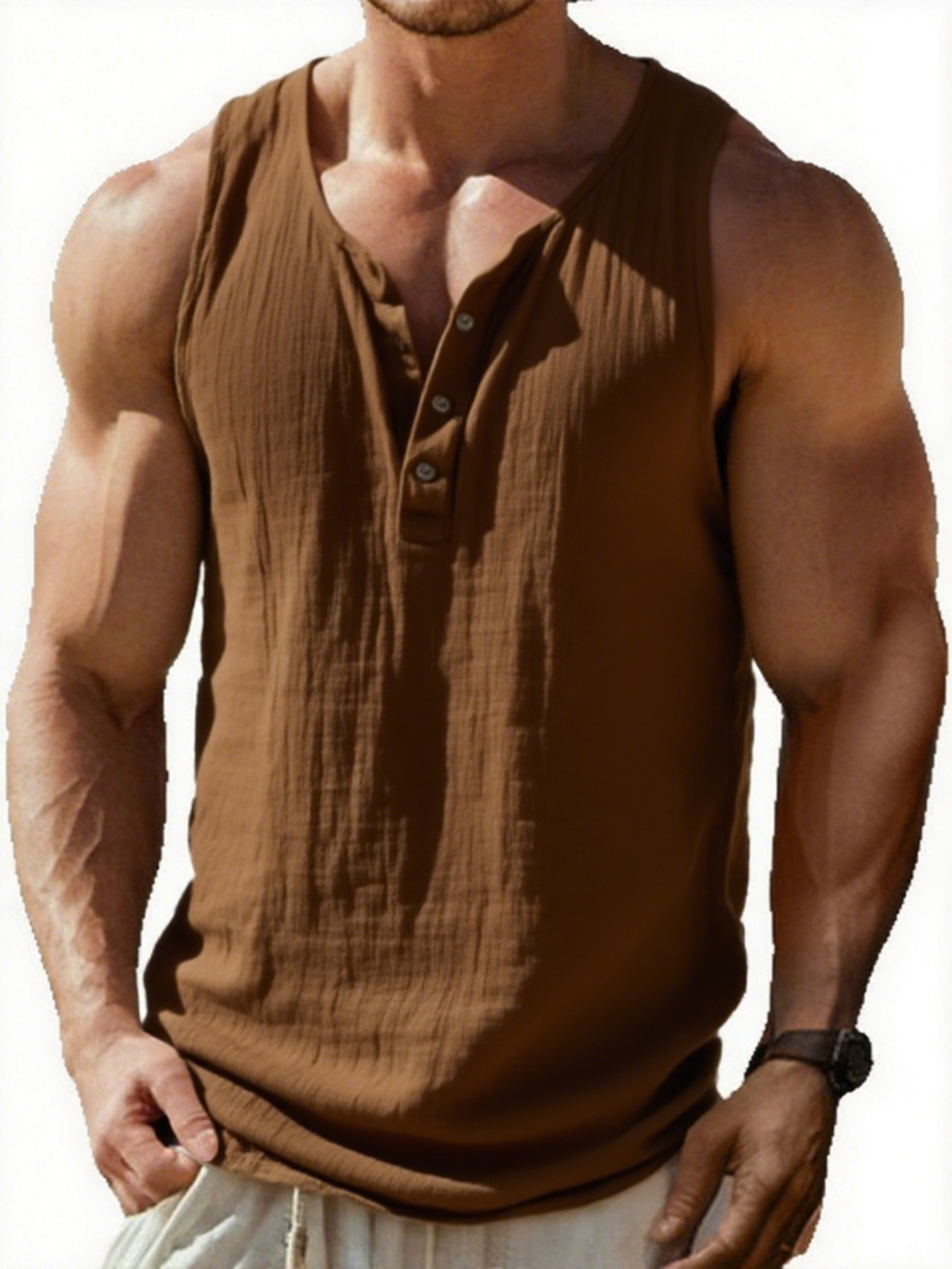 Men's Vintage Sleeveless Pleated Textured Three Button Henley T-Shirt