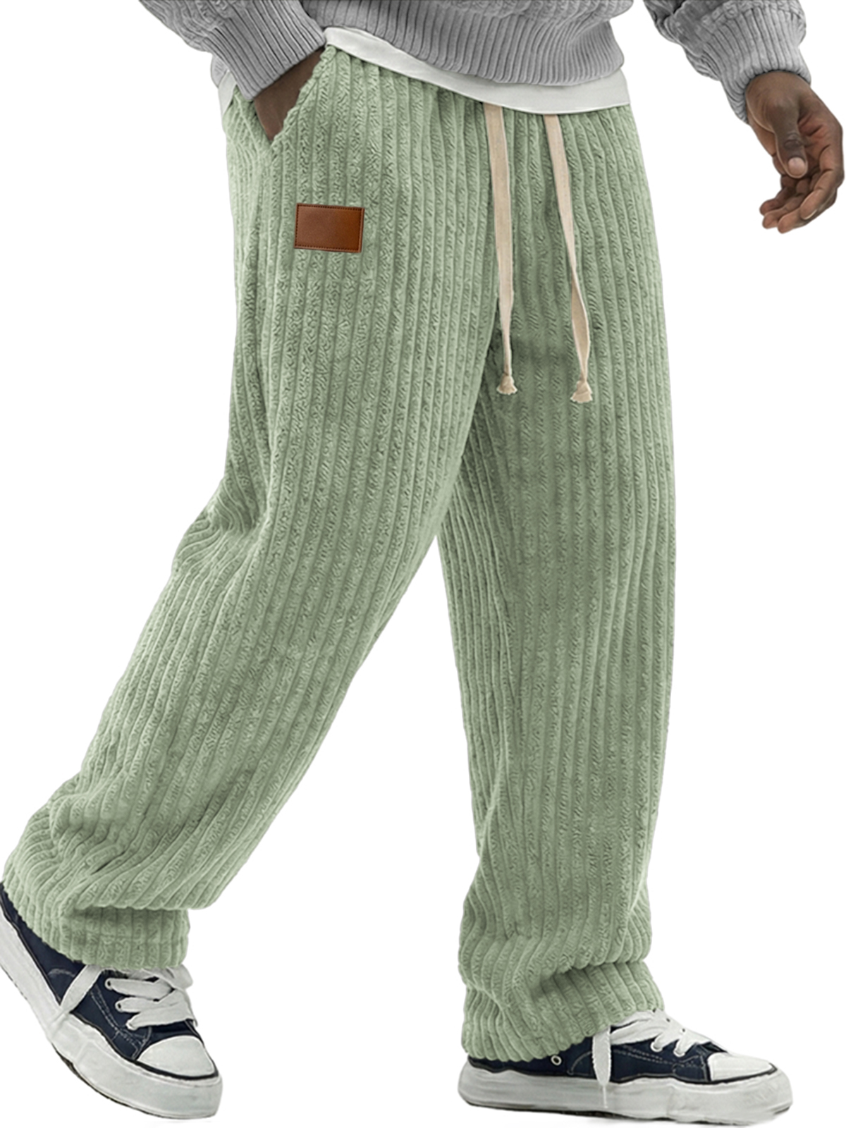 Men's Simple Soft Corduroy Pants with Leather Embroidery Patchwork