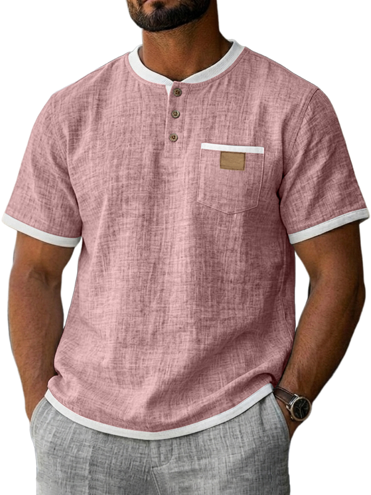 Men's Casual Breathable Linen Embroidered Logo Short-sleeved Henley Shirt