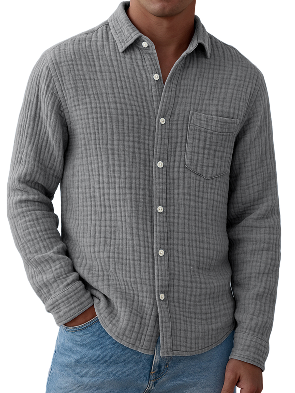 Men's Comfort Gauze Pleated Pocket Cotton Long Sleeve Shirt