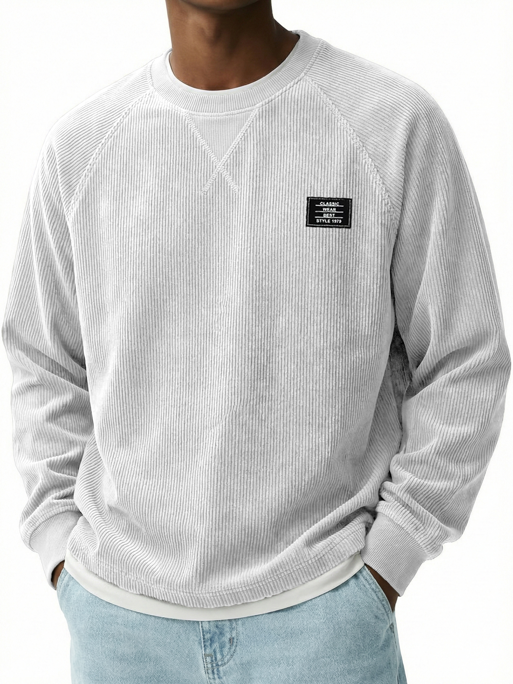Corduroy Raglan Crew Neck Pullover Top with Stitched Embroidery Design
