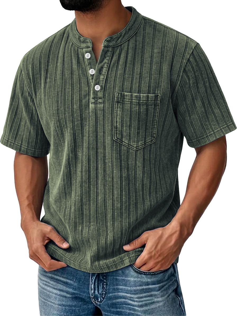 Men's Textured Striped Short-Sleeve Henley – Breathable & Comfortable
