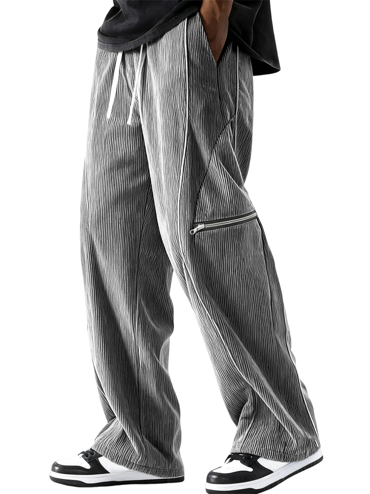 Men's Stylish Loose Corduroy Ribbed Pants with Zipper Pocket Everyday Trousers