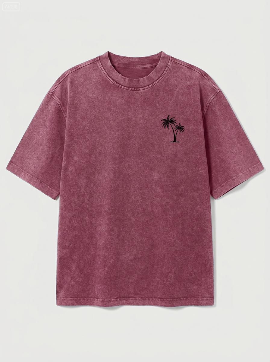 100% Cotton Vintage Washed & Distressed Crew-Neck Short-Sleeve T-Shirt with Palm Tree Print