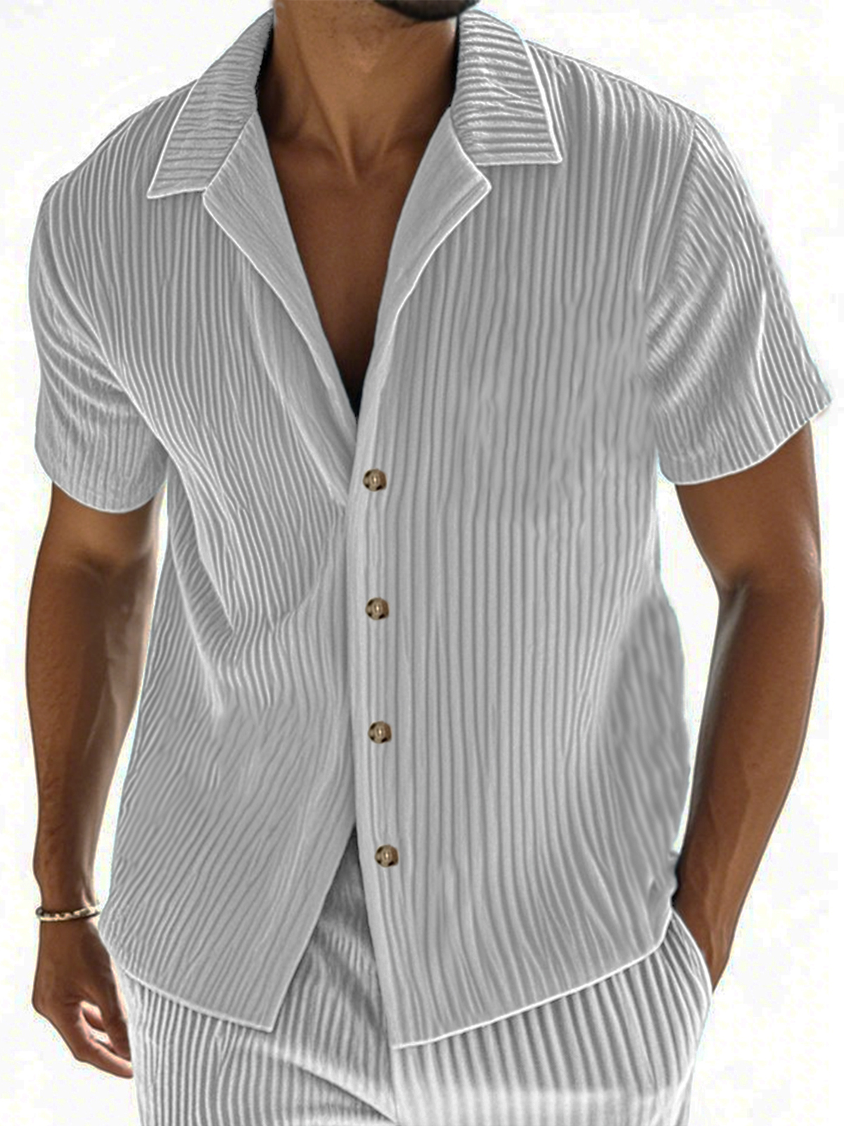 Men's Ribbed Vertical Striped Camp Collar Short-sleeved Lapel Shirt