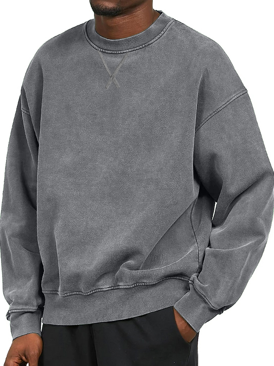 Men's Vintage Washed Distressed Crew Neck Cotton Long-Sleeve Sweatshirt