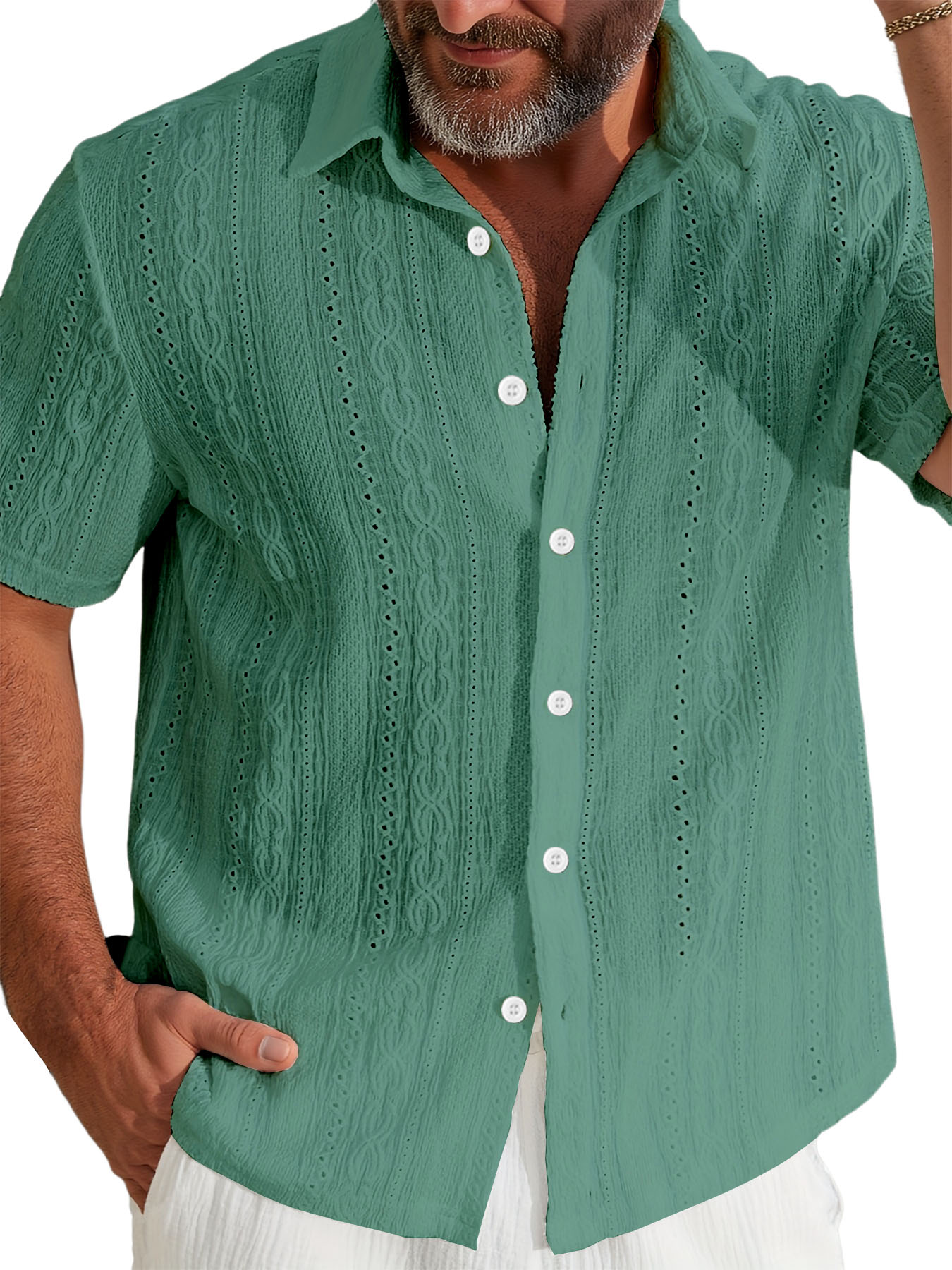 Men's Jacquard Lapel Casual Blue Short-sleeved Shirt