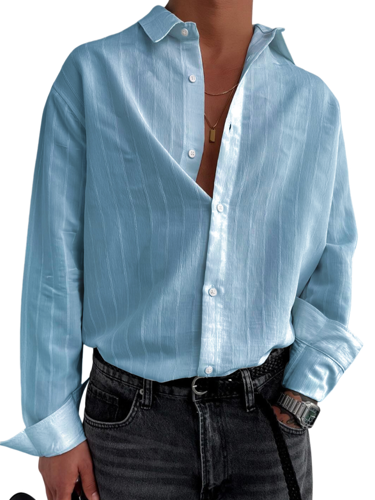 Men's Stylish Striped Textured Casual Long Sleeve Shirt