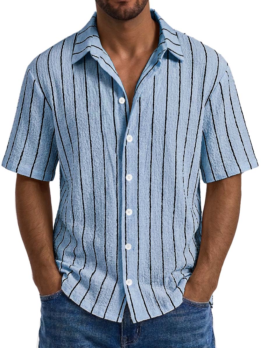 Men's Casual Textured Embroidered Logo Loose Comfort Striped Short Sleeved Shirt