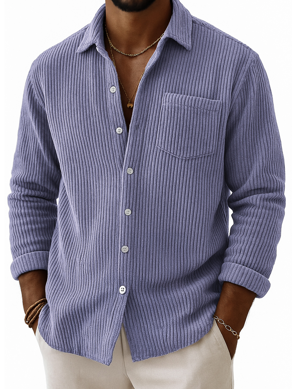Men's Stylish Corduroy Ribbed Long-Sleeve Shirt with Chest Pocket