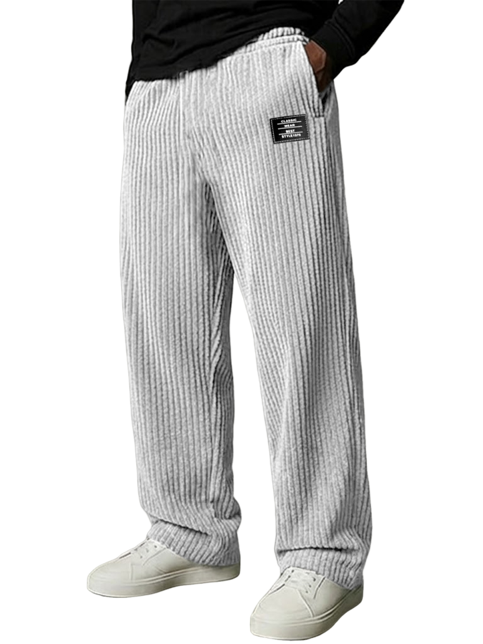 Men's Stylish Vertical Striped Corduroy Trousers with Embroidered Label